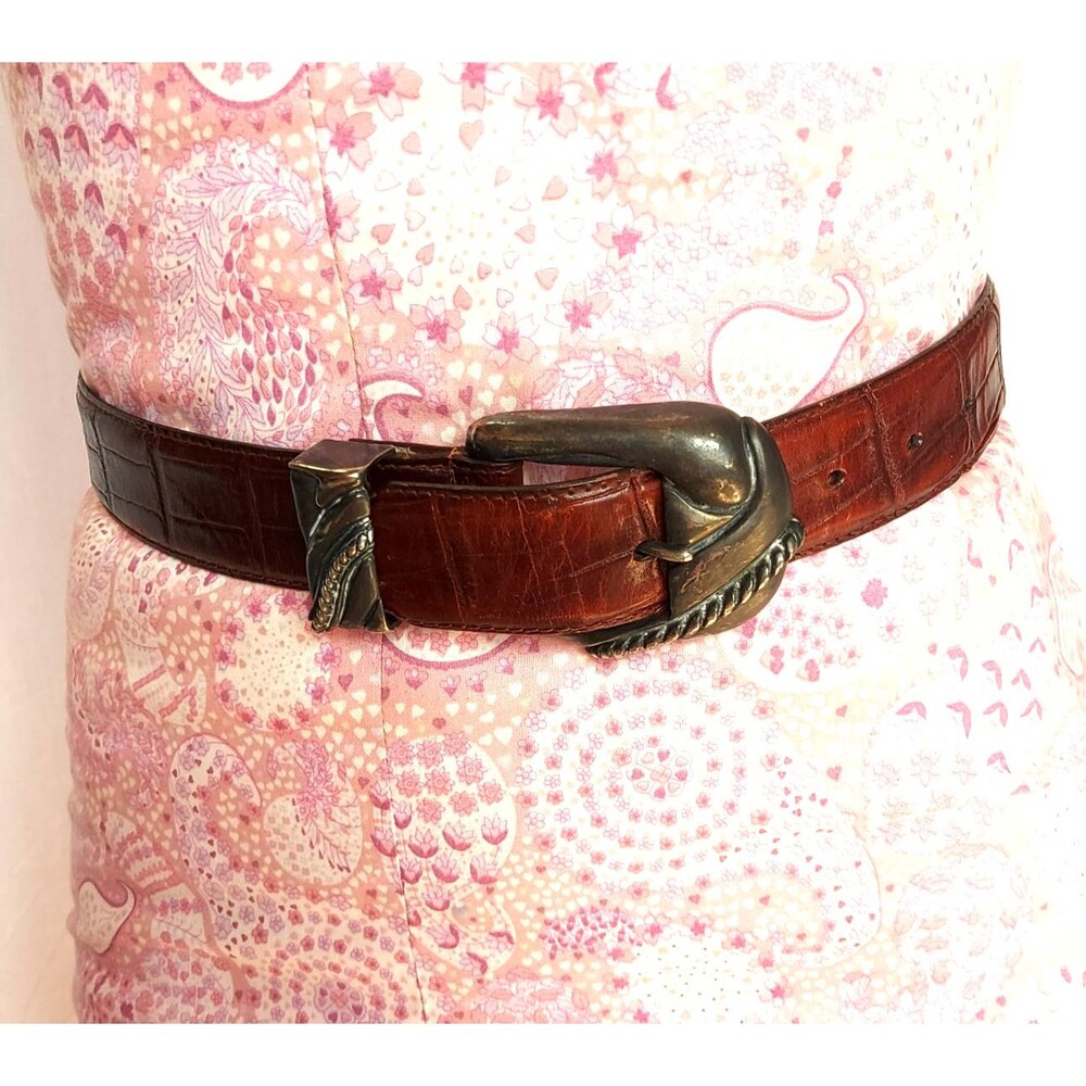 Vicenza Sterling Silver Belt Buckle Alligator Embossed Italian Leather Sz28